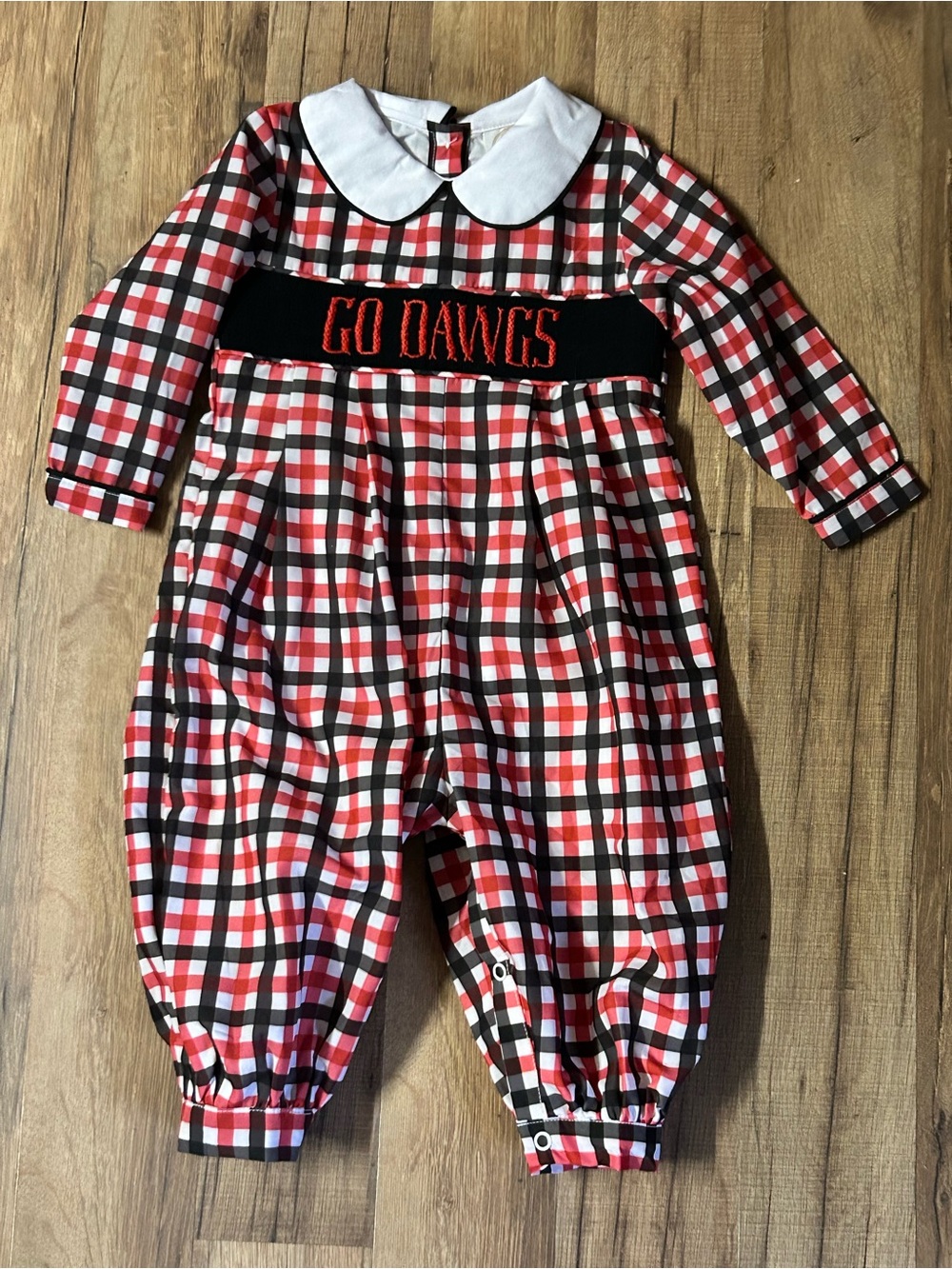 Little Bear Smocks 12M Plaid Romper Long Sleeve Collared Embroidered Go Dawgs